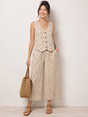 LOFT Matching Set Cream Brown Stripe Vest & Wide Leg Crop Pants